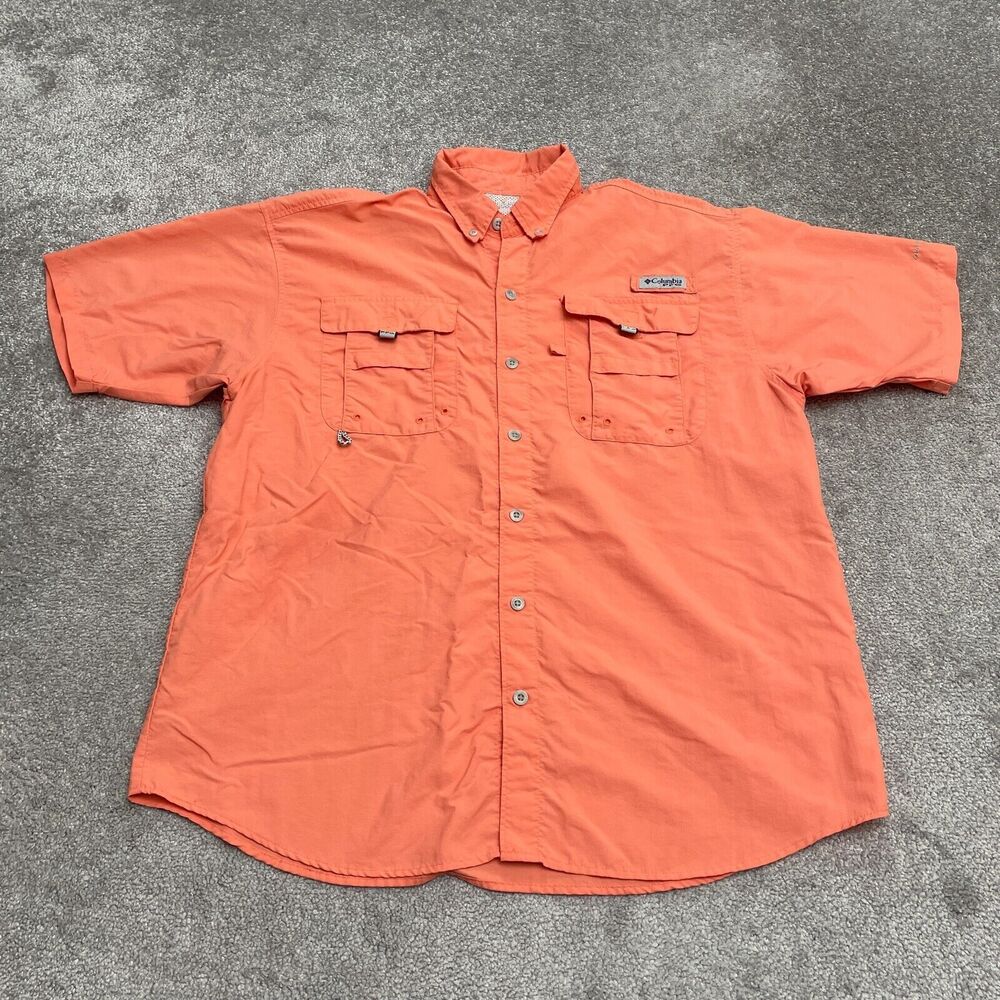 Columbia PFG Omni Shade Bahama Shirt Men Large Orange Short Sleeve Cotton Casual
